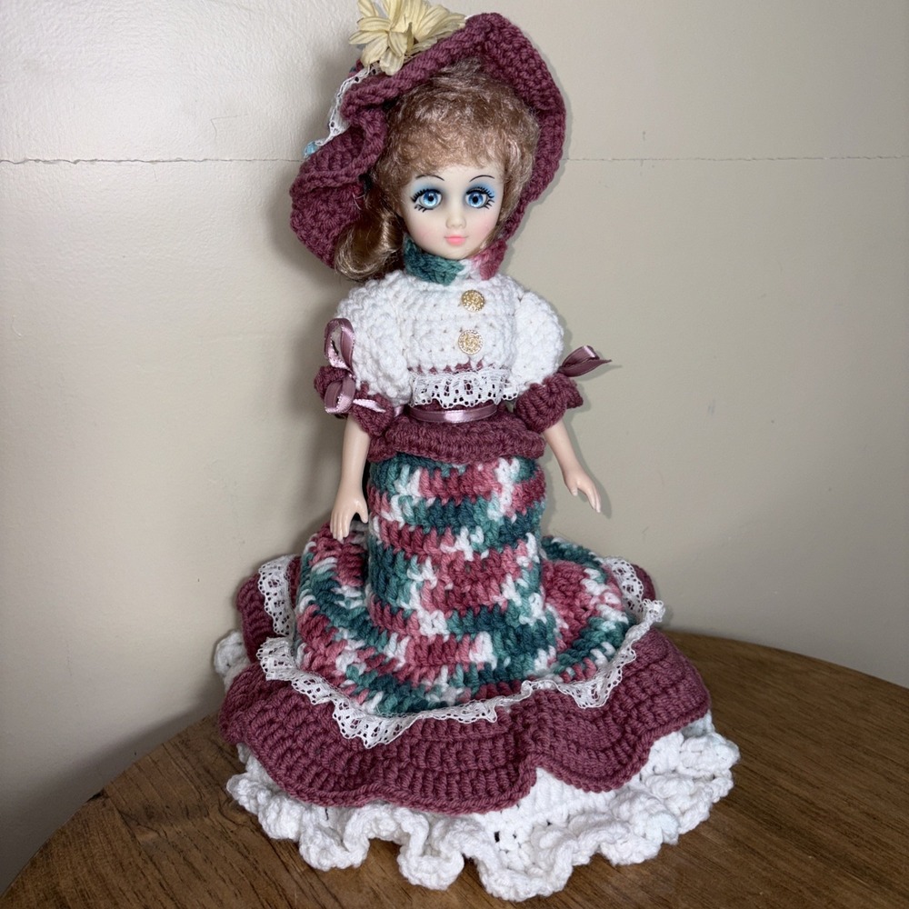 Vintage Crochet Doll Handmade Mauve Multicolor Dress